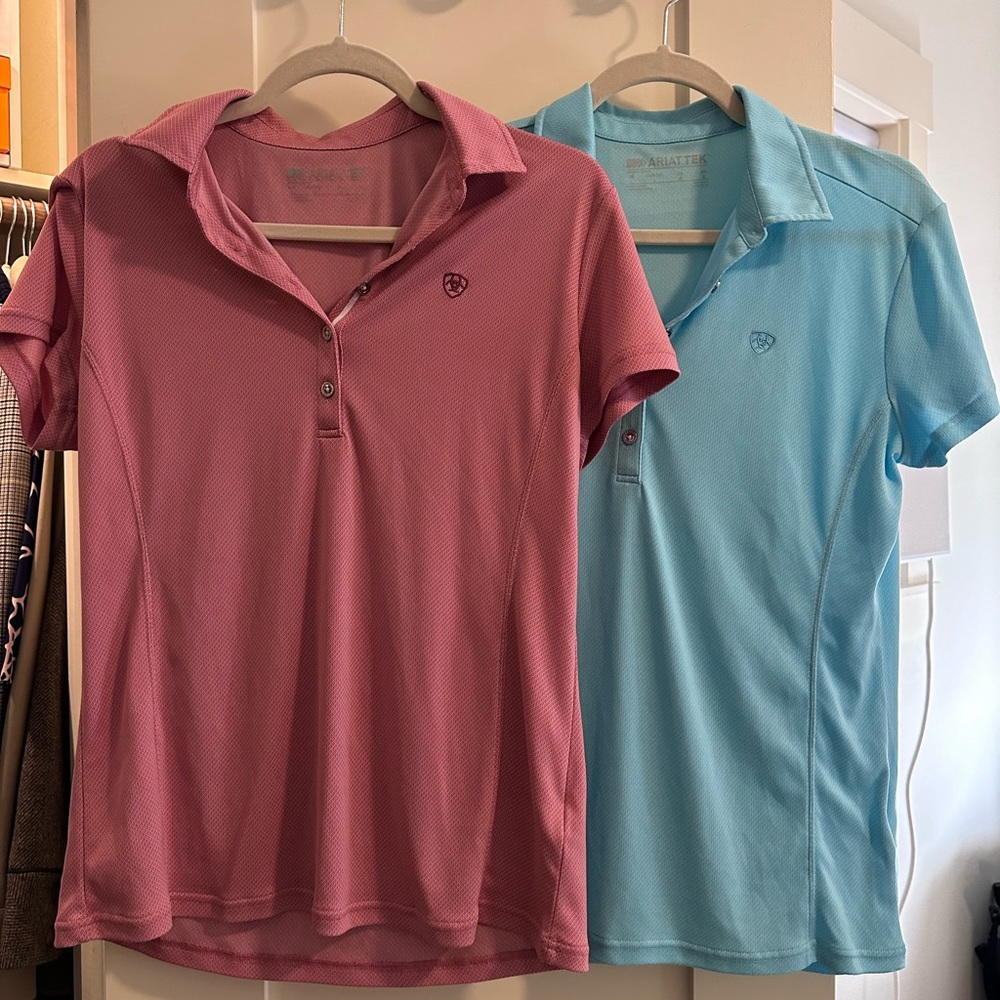 Lot of 2 Ariat TEK large Polo Shirts Pink and Turquoise